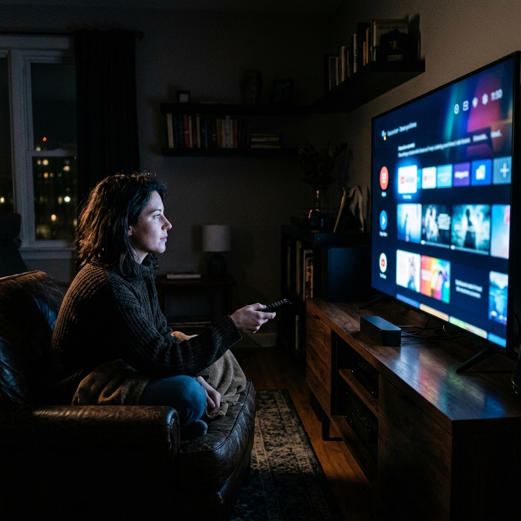 Pessoa avaliando criteriosamente a TV durante a noite e madrugada no teste iptv 6 horas